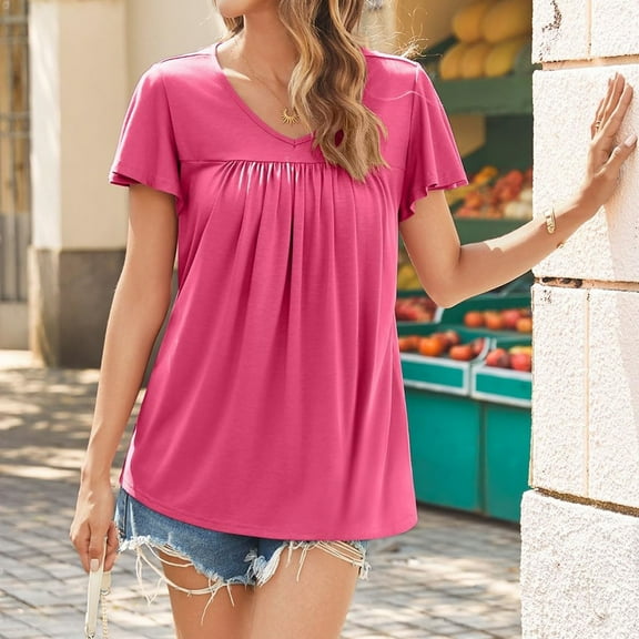 Luowei Women's Loose Fit V-Neck Short Sleeve Blouse - Summer Casual Top for Everyday Wear, Pink, XL