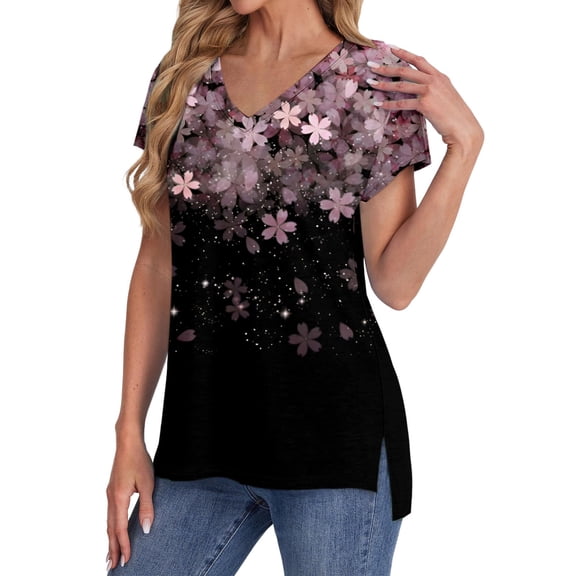 Luowei Women's Loose Fit V-Neck Short Sleeve Blouse - Summer Casual Top for Everyday Wear, Purple, XL