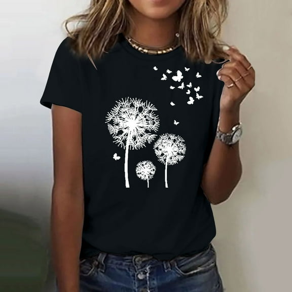 Luowei Women's Round Neck Dandelion Print Short Sleeve T-Shirt - Fashionable & Comfortable Casual Top, Black, M