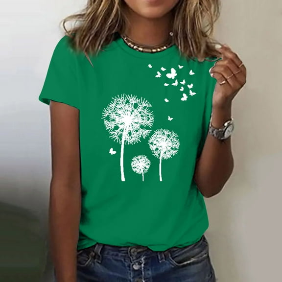 Luowei Women's Round Neck Dandelion Print Short Sleeve T-Shirt - Fashionable & Comfortable Casual Top, Green, XXL