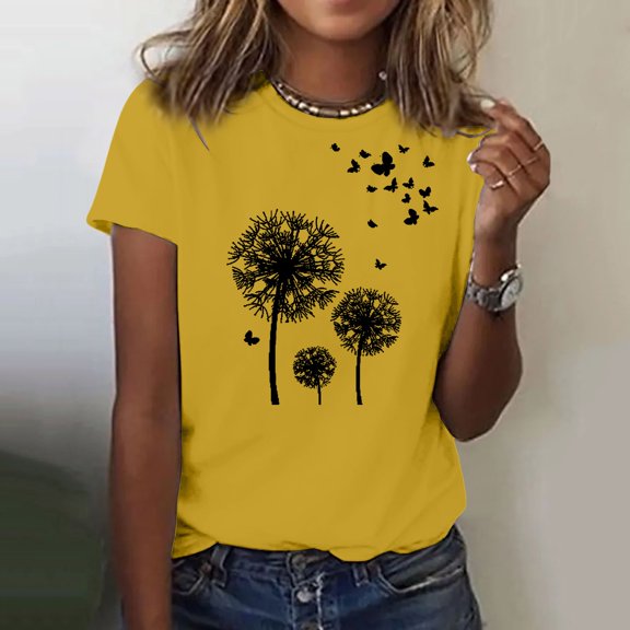 Luowei Women's Round Neck Dandelion Print Short Sleeve T-Shirt - Fashionable & Comfortable Casual Top, Yellow, S