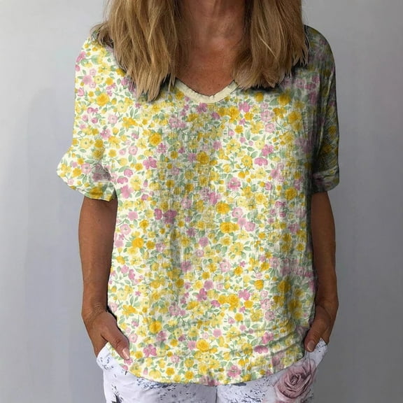 Luowei Women's Short Sleeve V Neck Short Sleeve Plant Flower Print European and American Large Size T Shirt, Red, L