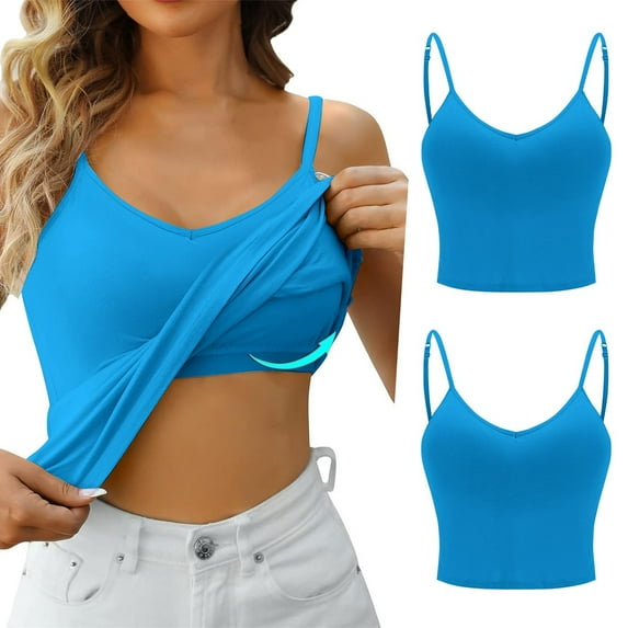 Luowei Women's Solid Color Camisole Top with Built-In Bra - Comfortable & Supportive Two-Layer Vest, Blue, 3XL