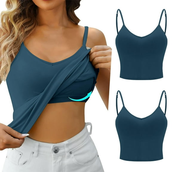 Luowei Women's Solid Color Camisole Top with Built-In Bra - Comfortable & Supportive Two-Layer Vest, Dark Blue, M