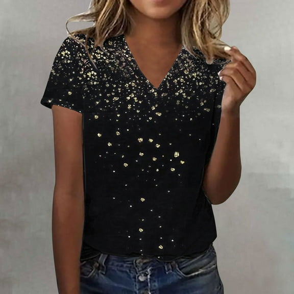 Luowei Women's Summer Stylish V-Neck Tee - Ombre Gradient Thin Fit Short Sleeve Top, Black, L