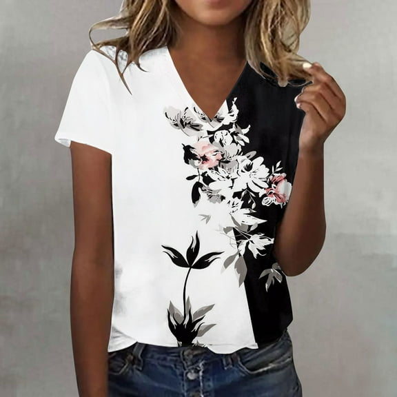 Luowei Women's Summer Stylish V-Neck Tee - Ombre Gradient Thin Fit Short Sleeve Top, Black, L