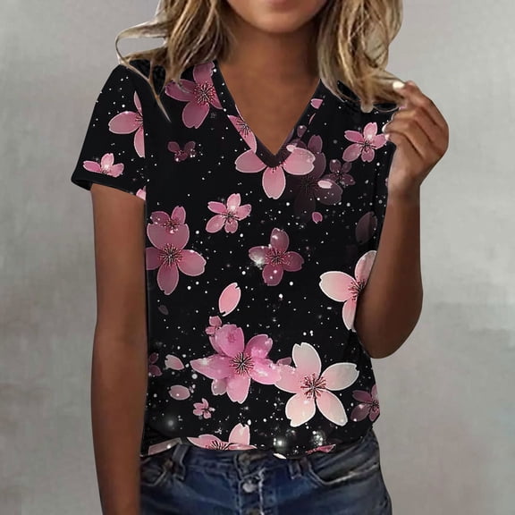 Luowei Women's Summer Stylish V-Neck Tee - Ombre Gradient Thin Fit Short Sleeve Top, Black, XXL