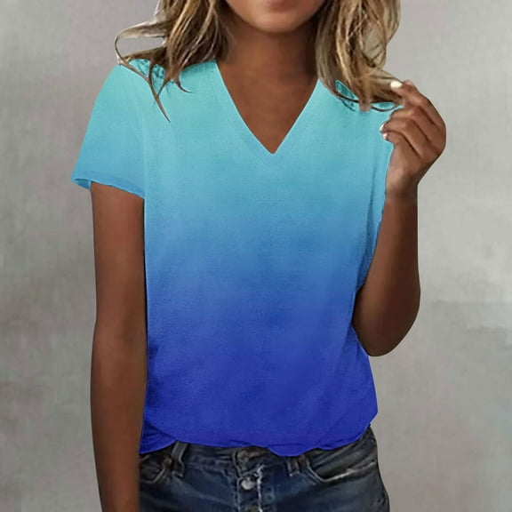 Luowei Women's Summer Stylish V-Neck Tee - Ombre Gradient Thin Fit Short Sleeve Top, Blue, L