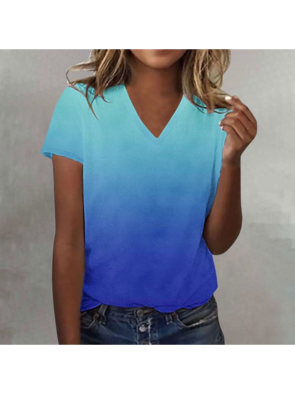 Women's Summer Stylish V-Neck Tee - Ombre Gradient Thin Fit Short Sleeve Top, Blue, L