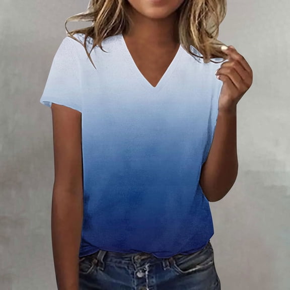 Luowei Women's Summer Stylish V-Neck Tee - Ombre Gradient Thin Fit Short Sleeve Top, Blue, L