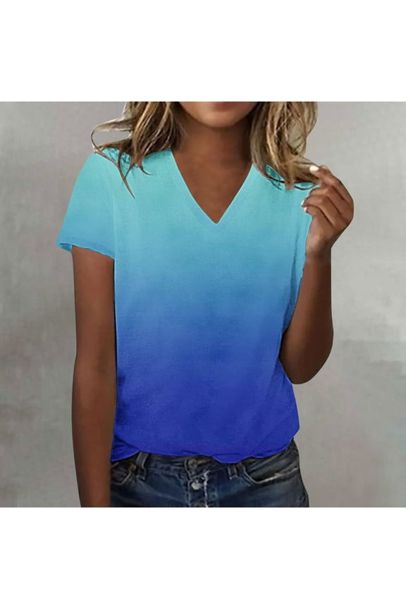 Women's Summer Stylish V-Neck Tee - Ombre Gradient Thin Fit Short Sleeve Top, Blue, XXL