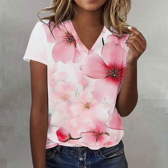 Luowei Women's Summer Stylish V-Neck Tee - Ombre Gradient Thin Fit Short Sleeve Top, Pink, L