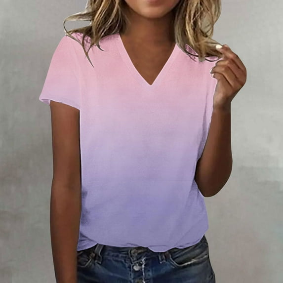 Luowei Women's Summer Stylish V-Neck Tee - Ombre Gradient Thin Fit Short Sleeve Top, Purple, S