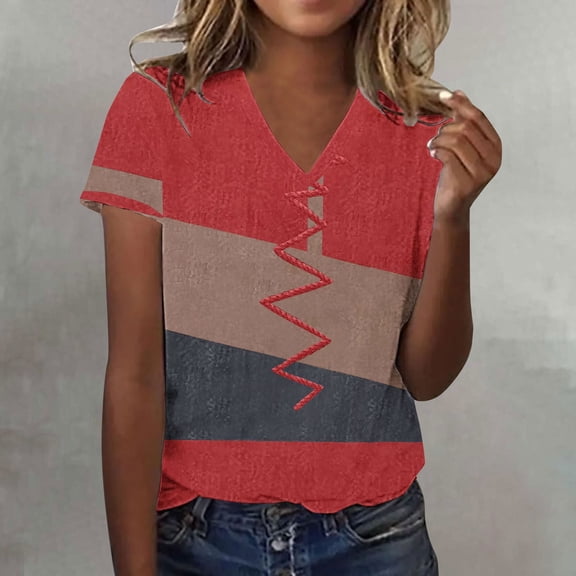 Luowei Women's Summer Stylish V-Neck Tee - Ombre Gradient Thin Fit Short Sleeve Top, Red, S