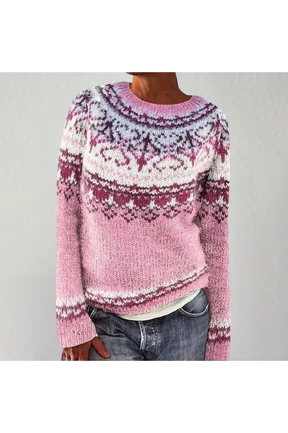 Women's Vintage Art Print Knit Sweater - Retro Crew Neck Pullover for Fashion Outdoor Lightweight Cropped Or Long Sleeve Casual Loose Winter Thermal Tops, Pink, 4XL
