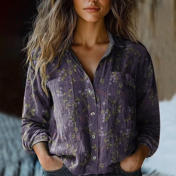 Luowei Womens Casual Button Down Shirts Long Sleeve Floral Print Loose Fit Spring Collared Work Blouses Tops with Pocket, Blue, S
