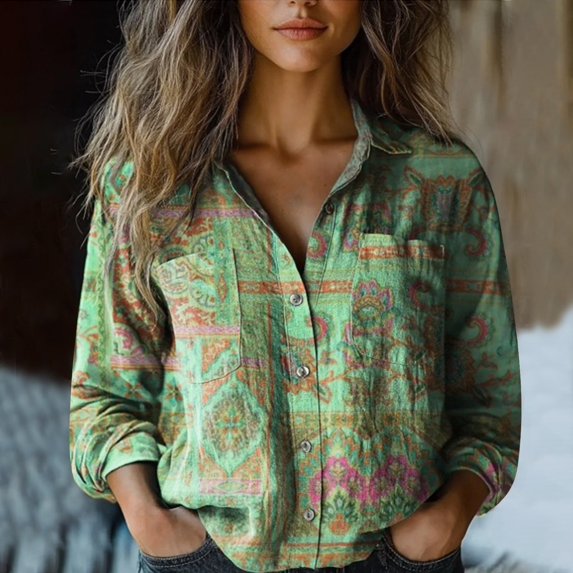 Luowei Womens Casual Button Down Shirts Long Sleeve Floral Print Loose Fit Spring Collared Work Blouses Tops with Pocket, Blue, XXL