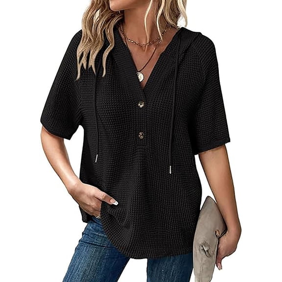Luowei Womens Summer Knit Tops 2025 Short Sleeve Lightweight Drawstring Hoodies Pullover Button V Neck Casual Blouses Shirt, Black, XXL