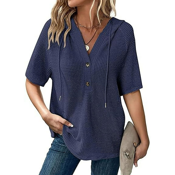 Luowei Womens Summer Knit Tops 2025 Short Sleeve Lightweight Drawstring Hoodies Pullover Button V Neck Casual Blouses Shirt, Blue, XXL