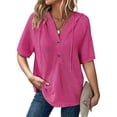 thumbnail image 1 of Luowei Womens Summer Knit Tops 2025 Short Sleeve Lightweight Drawstring Hoodies Pullover Button V Neck Casual Blouses Shirt, Pink, S, 1 of 6