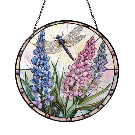 Lupine Flower Dragonfly Glass Suncatcher – Nature Window Decor