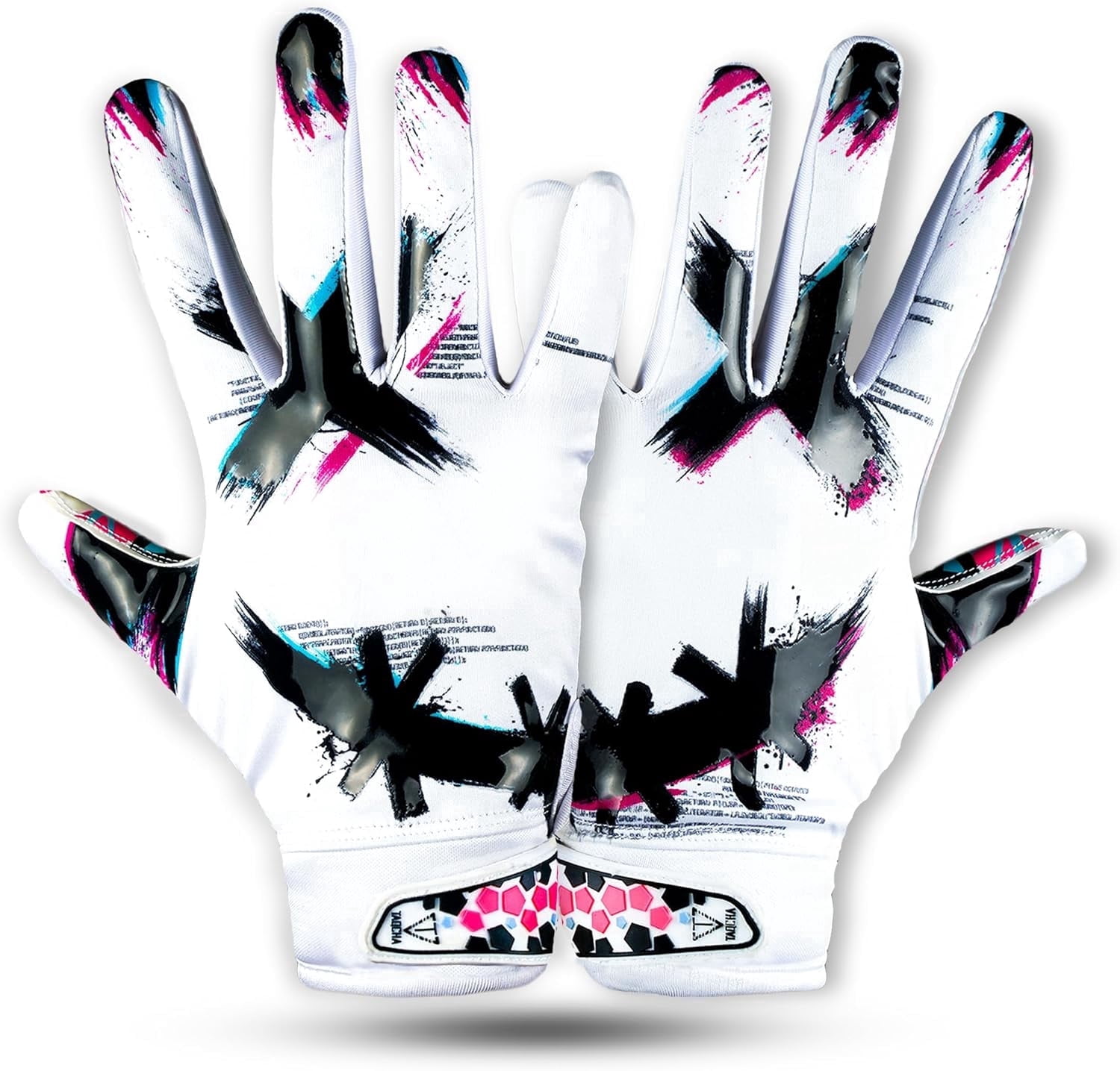 Lupine Jester Cross Eyes Football Gloves – Extra Sticky Grip Wide Receiver Gloves for Game Day & Training (White, Adult - Medium)