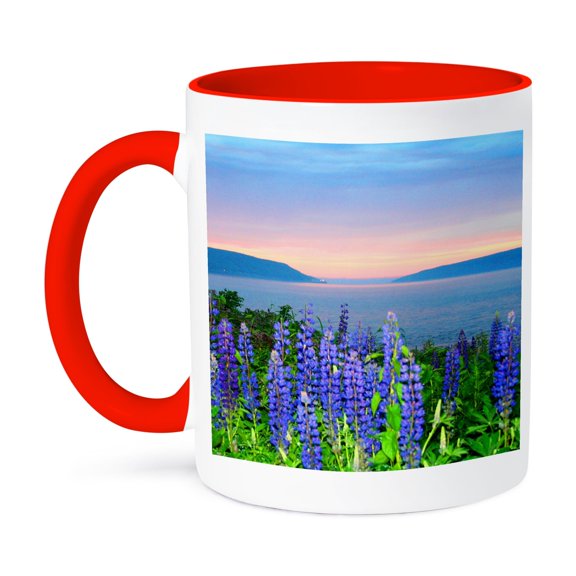 3dRose, Lupines Grow Digby Nova Scotia Background, 11oz Two-Tone Red Mug