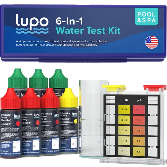 Lupo 6-in-1 Pool Test Kit | Testing for Residential Swimming Pools & Spas Total Chlorine, Bromine, pH, Base Demand, Acid Demand Alkalinity Quick Accurate
