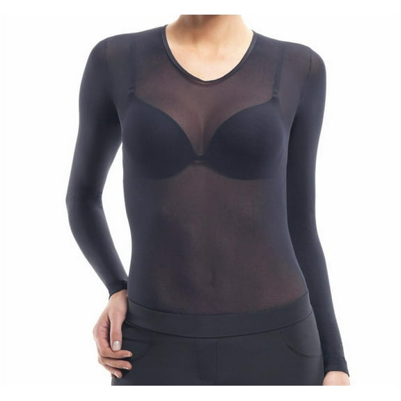 Lupo Second Skin Women's Long Sleeve Sheer See Through Mesh Top With Microfiber, Black One-Size