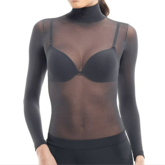 Lupo Second Skin Women's Long Sleeve Turtle Neck Sheer See Through Mesh Top, Black One-Size