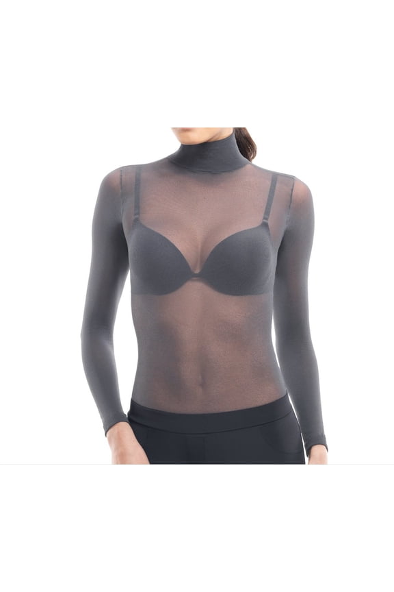 Second Skin Women's Long Sleeve Turtle Neck Sheer See Through Mesh Top, Graphite One-Size