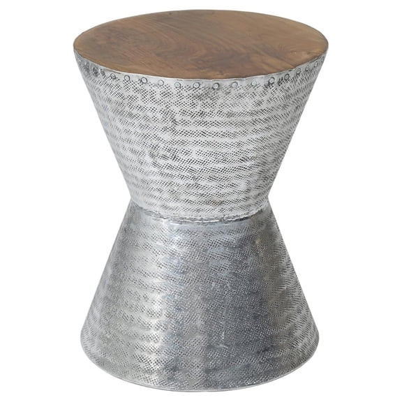 Lupton Side Table 14"x14"x18" Silver Metal with Teak Wood Top. End Table Handmade with Metal Sides