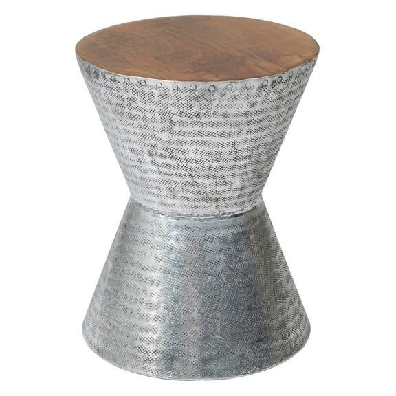 East at Main Lupton Silver Aluminum Hourglass Accent Table with Round Wood Top, 14x14x18