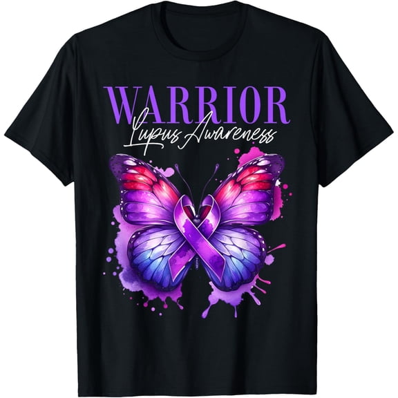 Lupus Awareness Warrior Survivor Purple Butterflies T-ShirtMen and women can wear, black T-shirts, gifts. Age: M,L，XL 2XL, 3XL, 854XL
