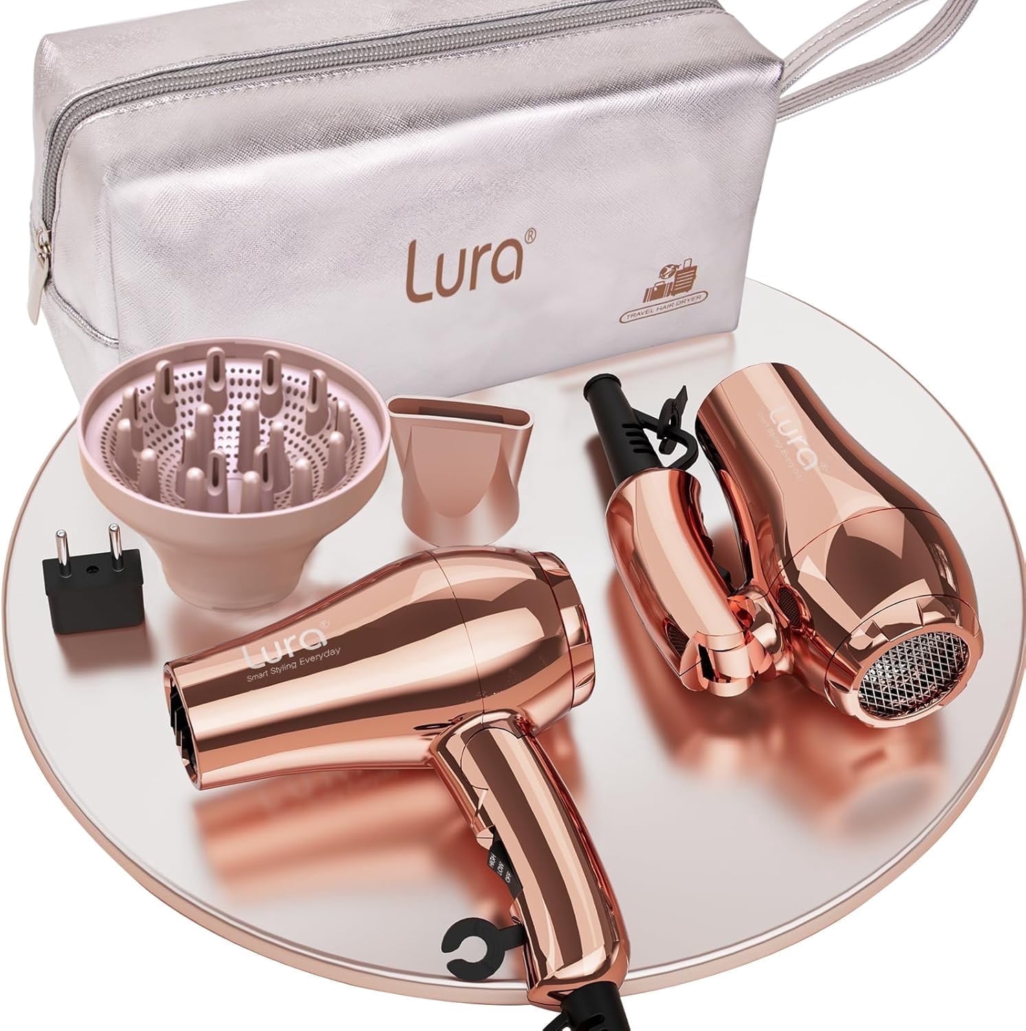 Lura Mini Travel Hair Dryer with Diffuser,Dual Voltage Small Blow Dryer Foldabel with Concentrator EU Plug,Rose Gold