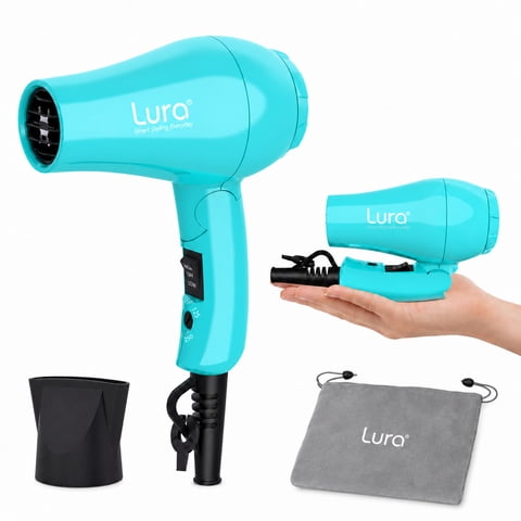 Lura Travel Hair Dryer Dual Voltage Mini Folding Handle Hair Blow Dryer with Concentrator,Blue