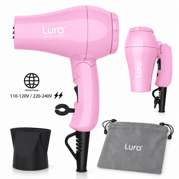 Lura Travel Portable Hair Dryer,Dual Voltage Mini Folding Handle Hair Blow Dryer Lightweight with 1 Concentrator,Pink