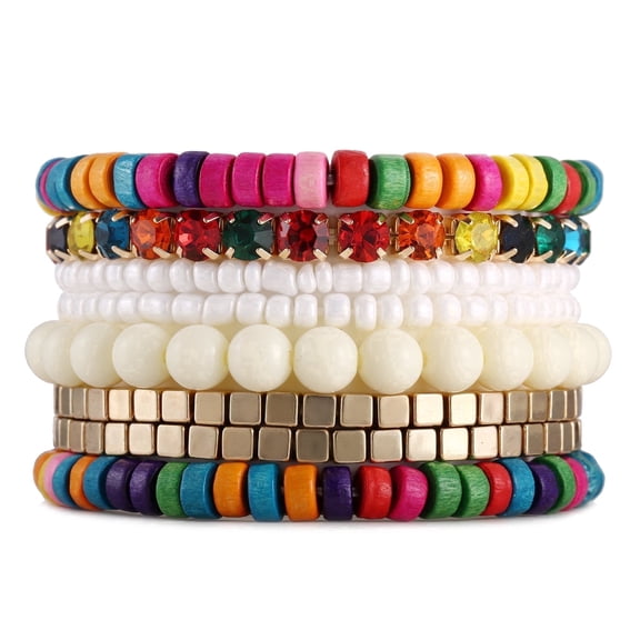 Lureme Bohemian Beads Cube Multi Strand Stretch Stackable Bangle Bracelet Set(bl003172-12)
