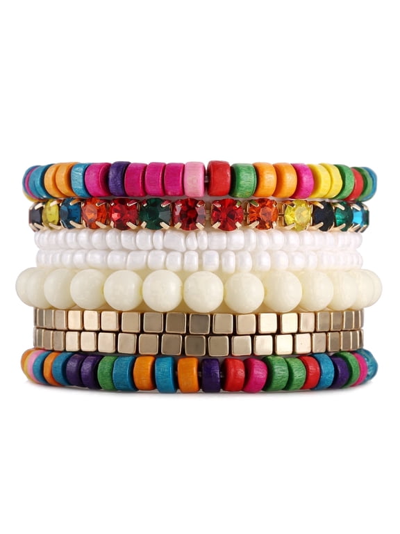 Bohemian Beads Cube Multi Strand Stretch Stackable Bangle Bracelet Set(bl003172-12)
