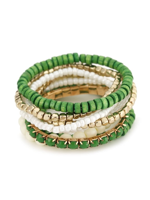 Bohemian Beads Cube Multi Strand Stretch Stackable Bracelet Set, Green