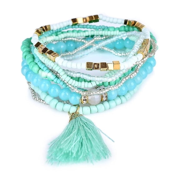 Lureme Bohemian Beads Pearl Tassel Multi Strand Textured Stackable Bangle Bracelet Set-Aqua(bl003054-4)