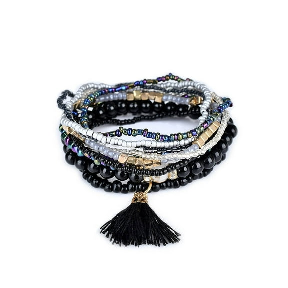 Lureme Bohemian Beads Pearl Tassel Multi Strand Textured Stackable Bangle Bracelet Set-Black(bl003054-2)