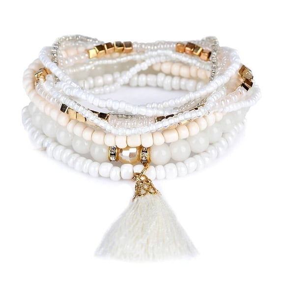Lureme Bohemian Beads Pearl Tassel Multi Strand Textured Stackable Bangle Bracelet Set-White(bl003054-1)