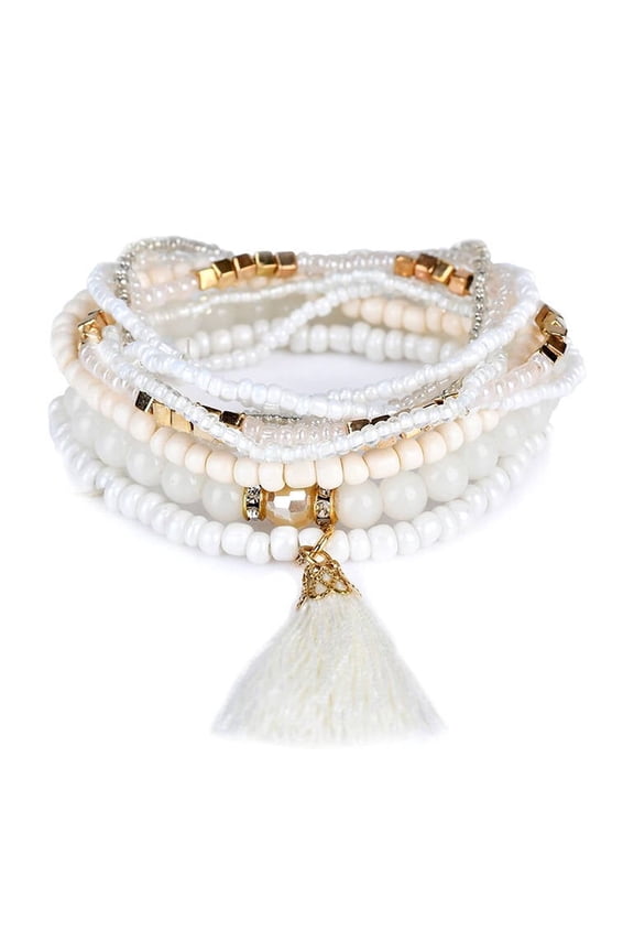 Bohemian Beads Pearl Tassel Multi Strand Textured Stackable Bangle Bracelet Set-White(bl003054-1)