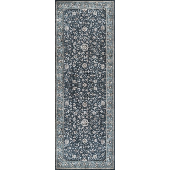 Luria Rugs Easy Care 2'6" x 10' Non-Slip 10 Foot Long Runner Rug for Entryway, Hallway, Bedroom, Bathroom, Kitchen Vintage Floral - Stain Resistant & Durable, Moreno Collection - Dark Blue/Aqua