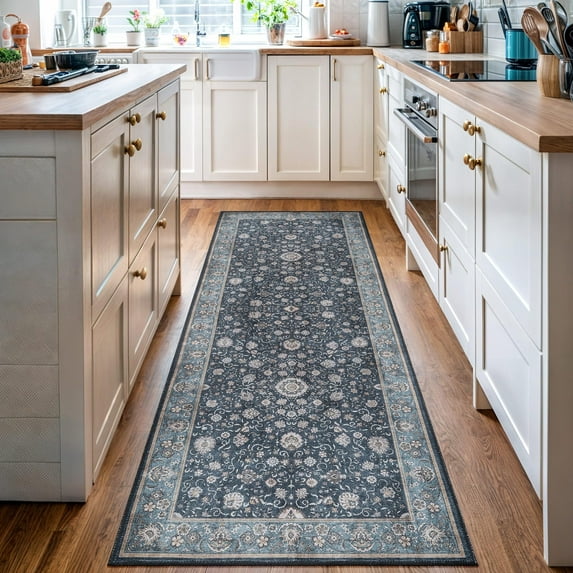 Luria Rugs Easy Care 2'6" x 12' Non-Slip 12 Ft Long Runner Rug for Hallway, Entryway, Kitchen, Bedroom - Vintage Floral, Moreno Collection - Dark Blue / Aqua