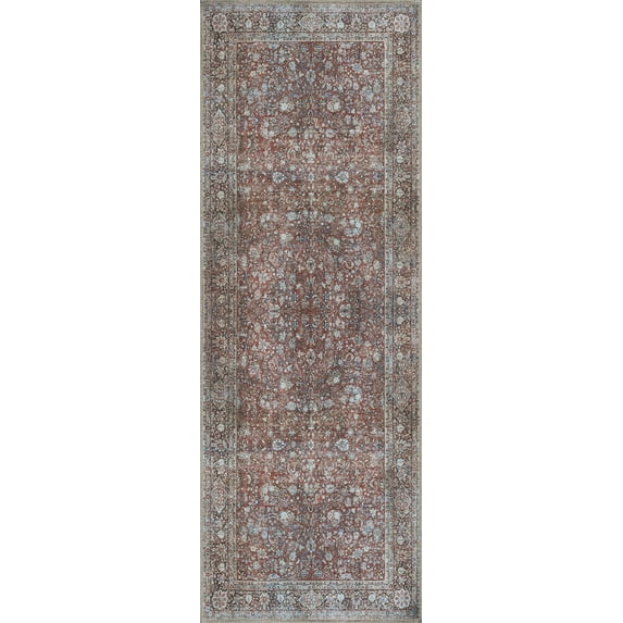 Luria Rugs Easy Care 2'6" x 7' Non-Slip 7 Foot Long Runner Rug for Entryway, Kitchen, Hallway, Bedroom, Bathroom Vintage Oriental - Stain Resistant & Durable, Moreno Collection - Red/Walnut