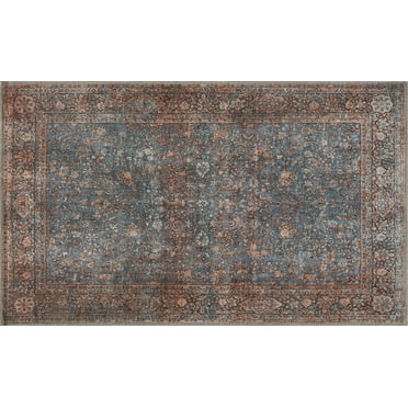 Luria Rugs Easy Care 3' x 5' Non-Slip Small Area Rug for Kitchen, Bathroom, Laundry, Entryway, Bedroom Vintage Oriental - Stain Resistant & Durable, Moreno Collection - Blue/Peach