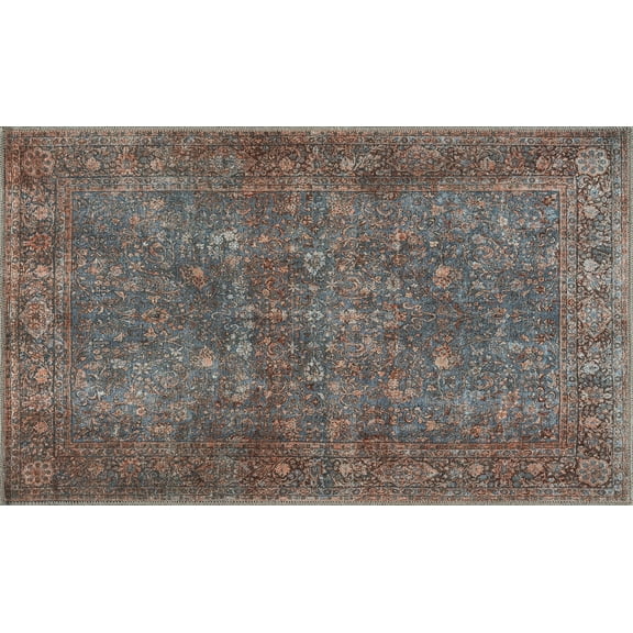 Luria Rugs Easy Care 3' x 5' Non-Slip Small Area Rug for Kitchen, Bathroom, Laundry, Entryway, Bedroom Vintage Oriental - Stain Resistant & Durable, Moreno Collection - Blue/Peach