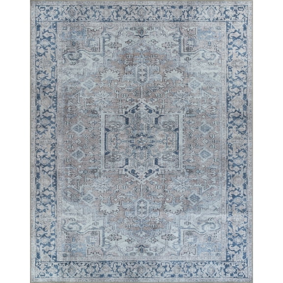 Luria Rugs Easy Care 6' x 9' Non-Slip Large Area Rug for Living Room, Bedroom, Dining Room, Playroom Vintage Farmhouse - Stain Resistant & Durable, Moreno Collection - Beige/Blue
